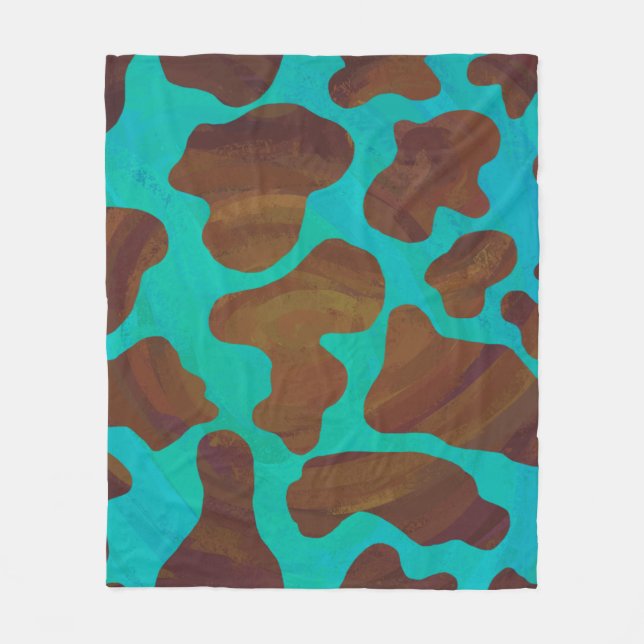 Cow Brown and Teal Print Fleece Blanket (Front)