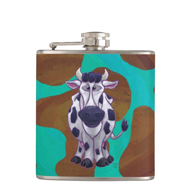 Cow Brown and Teal Print Hip Flask (Front)