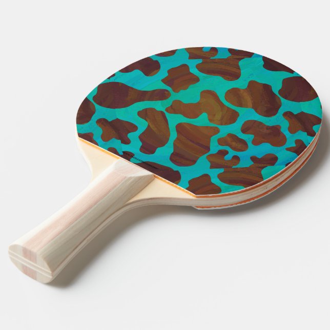 Cow Brown and Teal Print Ping Pong Paddle (Front Angle)