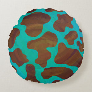 Cow Brown and Teal Print Round Cushion