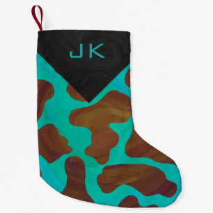 Cow Brown and Teal Print Small Christmas Stocking