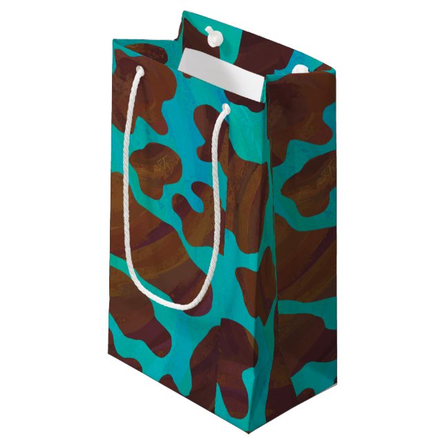 Cow Brown and Teal Print Small Gift Bag (Front Angled)