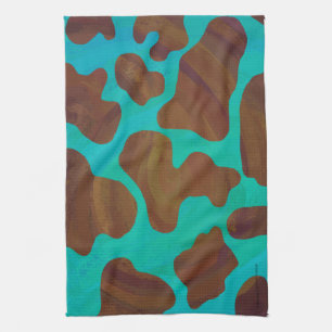 Cow Brown and Teal Print Tea Towel