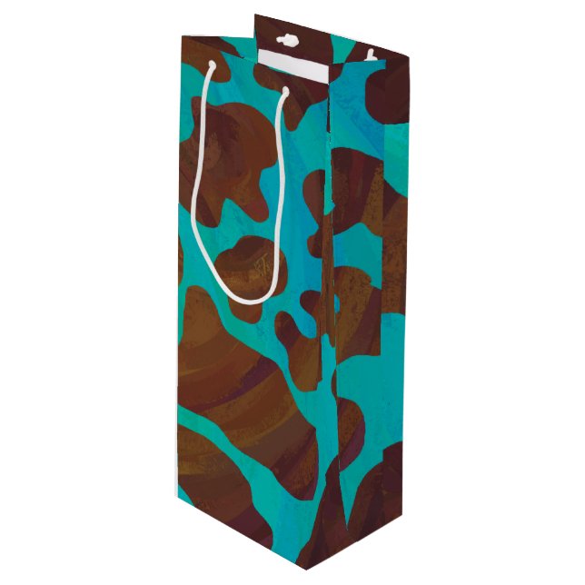 Cow Brown and Teal Print Wine Gift Bag (Front Angled)