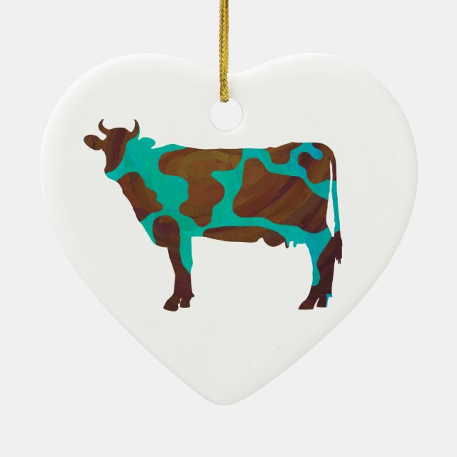 Cow Brown and Teal Silhouette Ceramic Tree Decoration (Back)