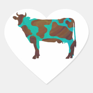 Cow Brown and Teal Silhouette Heart Sticker