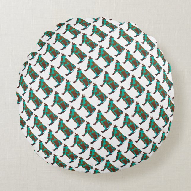 Cow Brown and Teal Silhouette Round Cushion (Front)