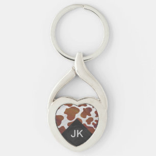 Cow Brown and White Monogram Key Ring