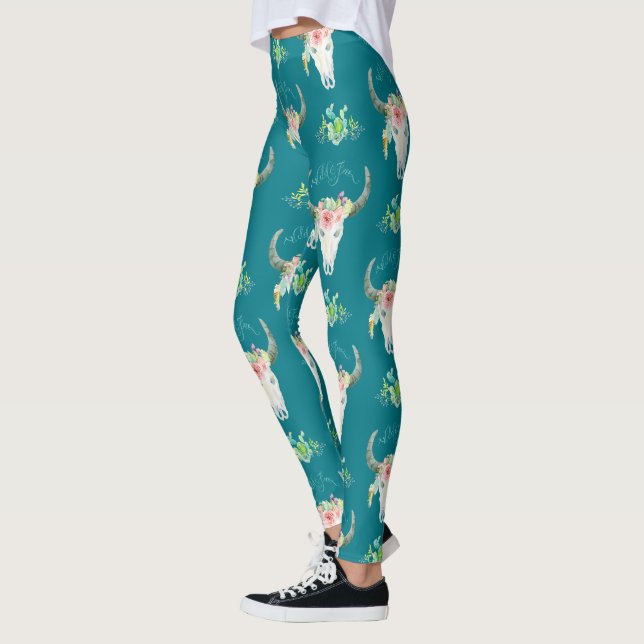 Cow Buffalo Skull Boho Bohemian Cactus Desert Art Leggings (Left)