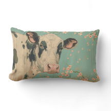 Cow & Cherry Blossoms Pastel Throw Pillow