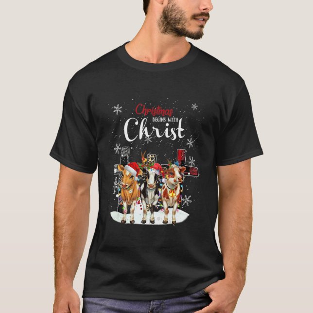 Cow Christmas Begins With Christ Cow  Christmas T-Shirt (Front)
