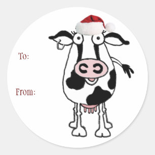 Cow Christmas Gift Sticker: To: From: Classic Round Sticker