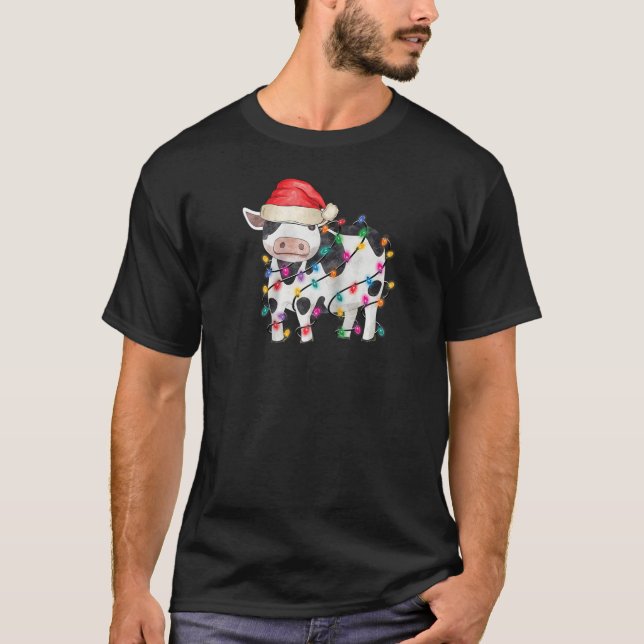Cow Christmas Lights Funny Santa Hat Merry Christm T-Shirt (Front)