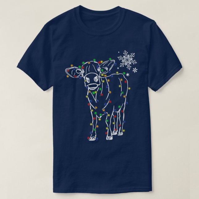 Cow Christmas Lights Tree Christmas Cow Lover Xmas T-Shirt (Design Front)