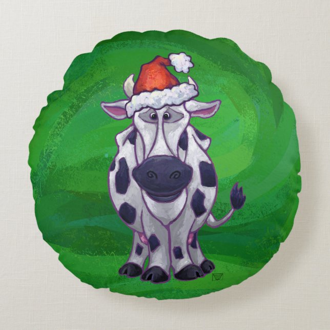 Cow Christmas On Green Round Cushion (Front)