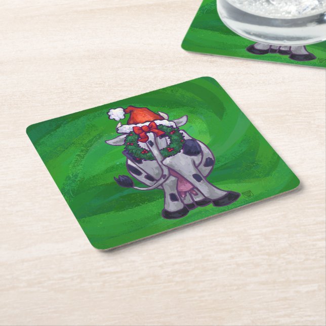 Cow Christmas On Green Square Paper Coaster (Angled)