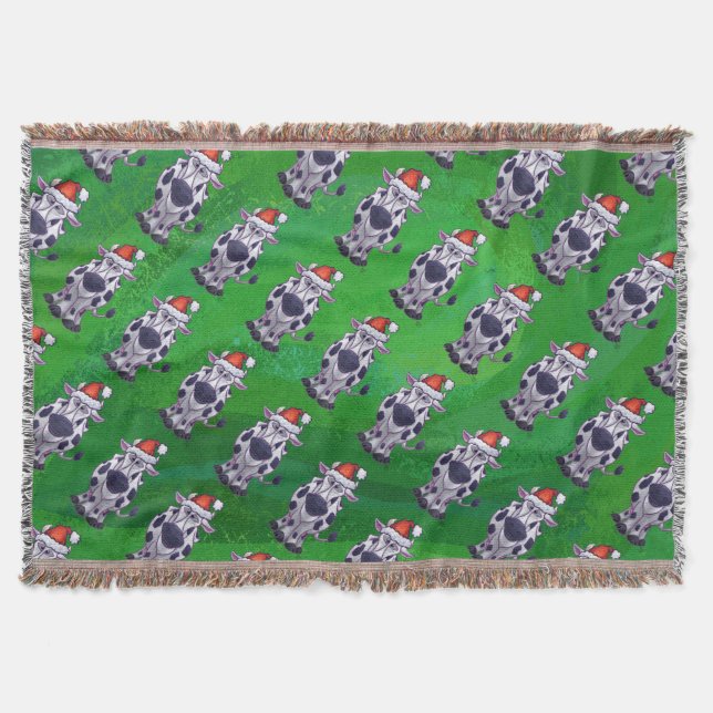 Cow Christmas On Green Throw Blanket (Front)