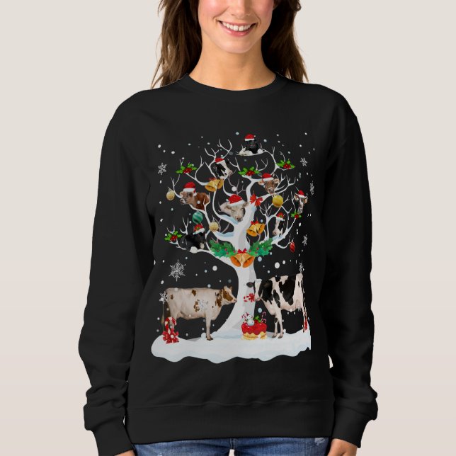 Cow Christmas On Winter Tree Goat Lover Matching P Sweatshirt (Front)