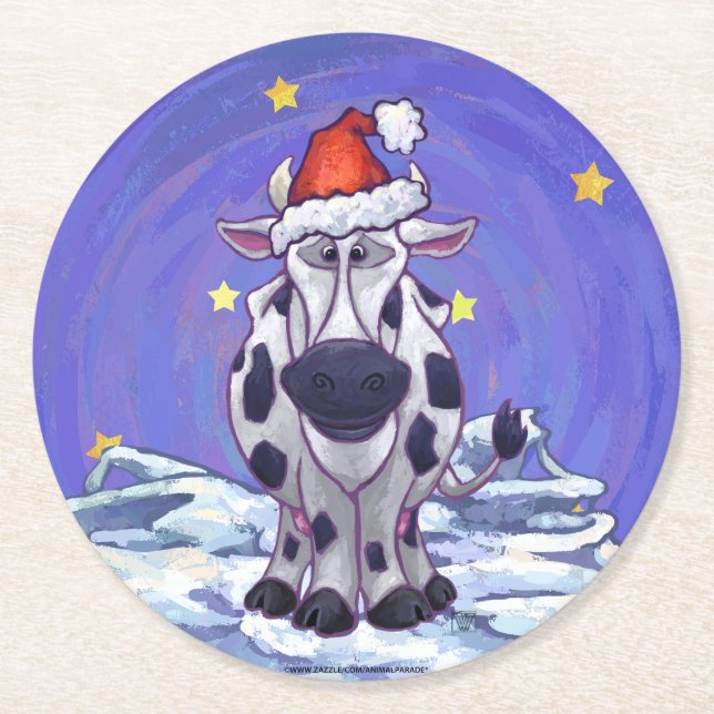 Cow Christmas Round Paper Coaster (Front)