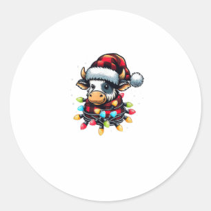 Cow Christmas Santa Hat Buffalo Plaid Xmas Cow Lov Classic Round Sticker