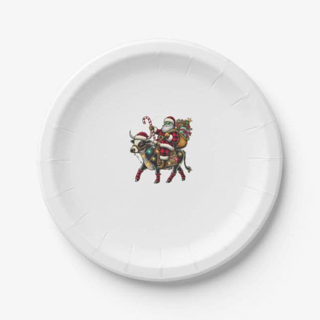 Cow Christmas Santa Hat Buffalo Plaid Xmas Cow Lov Paper Plate (Front)