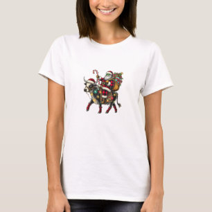 Cow Christmas Santa Hat Buffalo Plaid Xmas Cow Lov T-Shirt
