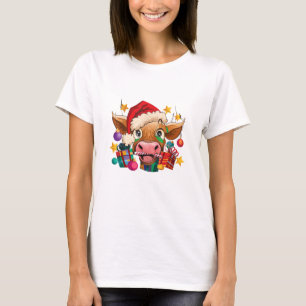 Cow Christmas Santa Hat Lights Christmas Tree Chri T-Shirt