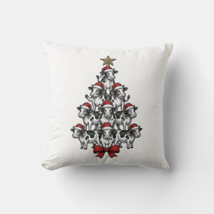Cow Christmas Tree Vintage Engraving Holiday Farm Cushion