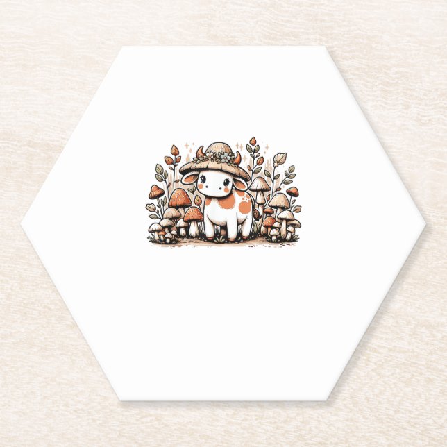 Cow Cottagecore Mushroom  Paper Coaster (Front)
