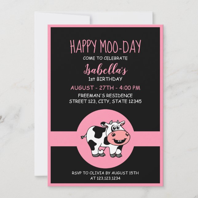 Cow Cute Farm Animal Themed Girl 1st Birthday Invitation (Front)
