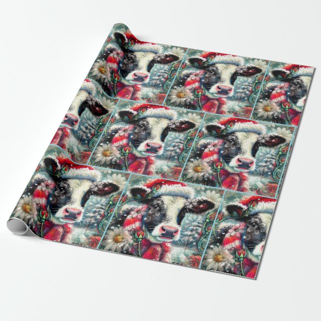 Cow Dreaming of Warmer Times Floral Decoupage Wrapping Paper (Unrolled)