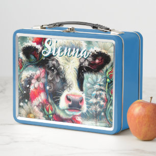 Cow Dreaming of Warmer Times Floral Personalised Metal Lunch Box