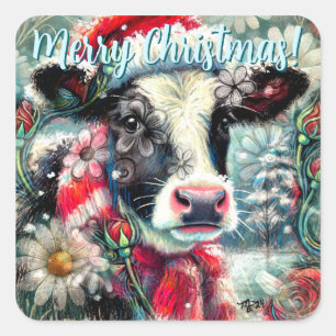 Cow Dreaming of Warmer Times Floral Personalized Square Sticker