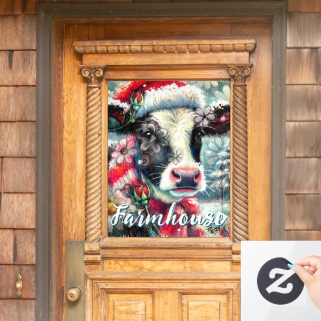 Cow Dreaming of Warmer Times Teal Red Floral (Home Door)