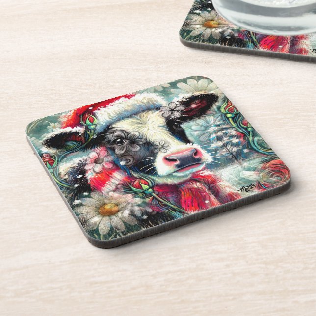 Cow Dreaming of Warmer Times Teal Red Floral Coaster (Left Side)
