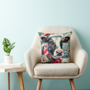 Cow Dreaming of Warmer Times Teal Red Floral Cushion