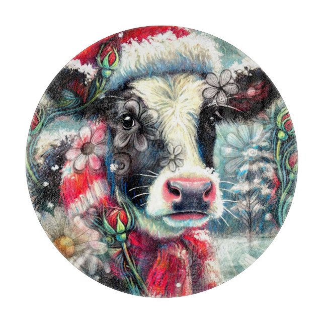 Cow Dreaming of Warmer Times Teal Red Floral Cutting Board (Front)