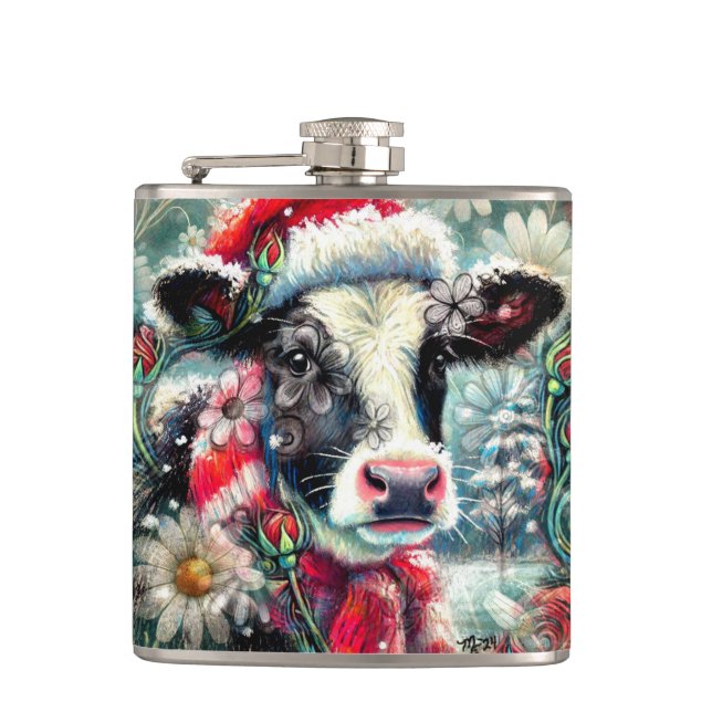 Cow Dreaming of Warmer Times Teal Red Floral Hip Flask (Front)