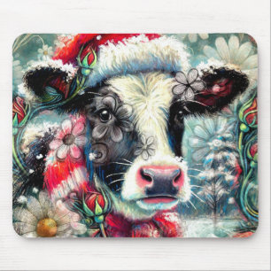 Cow Dreaming of Warmer Times Teal Red Floral Mouse Pad