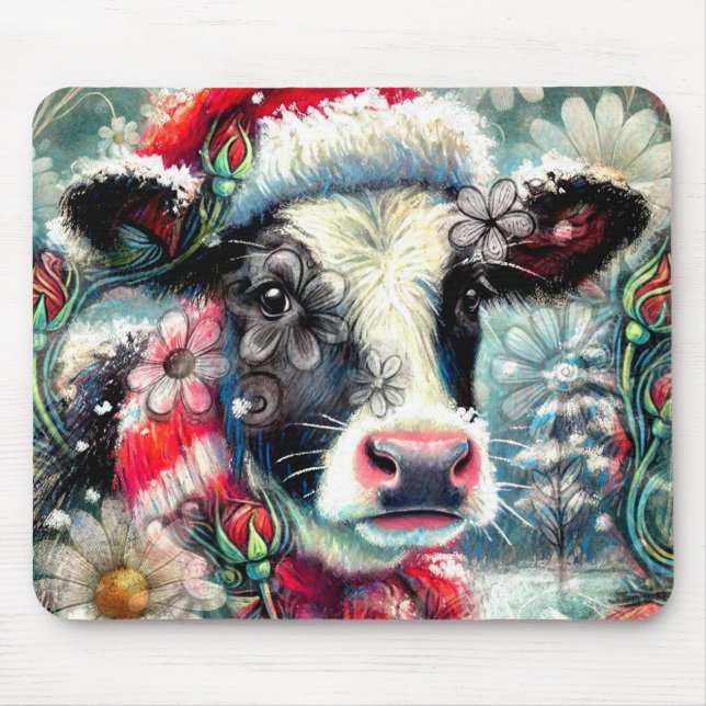 Cow Dreaming of Warmer Times Teal Red Floral Mouse Pad (Front)