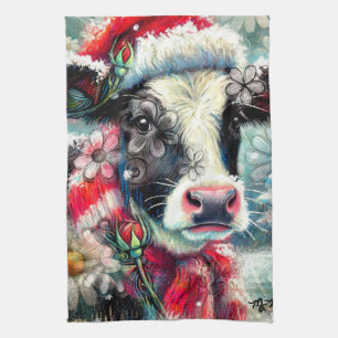 Cow Dreaming of Warmer Times Teal Red Floral Tea Towel
