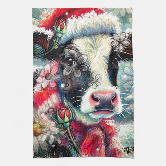 Cow Dreaming of Warmer Times Teal Red Floral Tea Towel (Vertical)