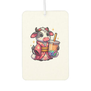 Cow Drinking Bubble Tea Japanese Kimono _1_1 Car Air Freshener