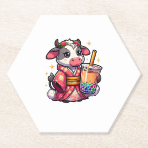 Cow Drinking Bubble Tea Japanese Kimono _1_1 Paper Coaster