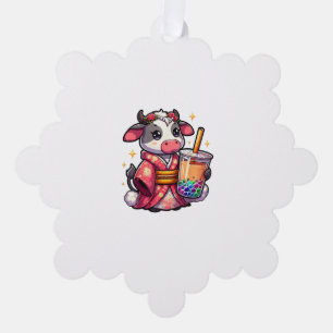 Cow Drinking Bubble Tea Japanese Kimono _1_1 Tree Decoration Card