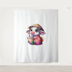 Cow Drinking Bubble Tea Japanese Kimono _1 Tapestry