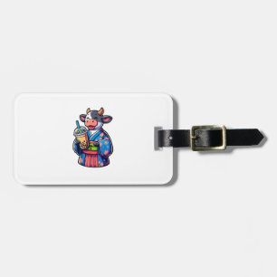 Cow Drinking Bubble Tea Japanese Kimono _2 Luggage Tag