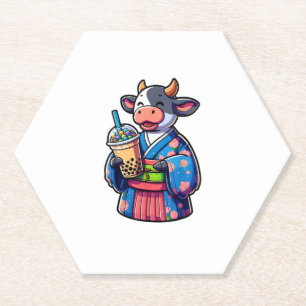 Cow Drinking Bubble Tea Japanese Kimono _2 Paper Coaster