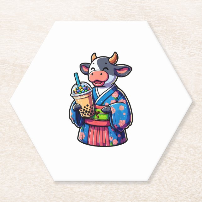 Cow Drinking Bubble Tea Japanese Kimono _2 Paper Coaster (Front)