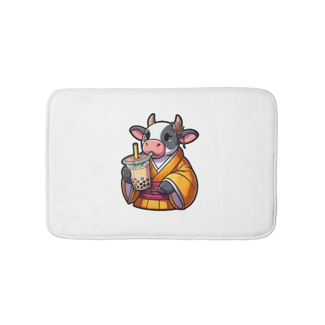 Cow Drinking Bubble Tea Japanese Kimono  Bath Mat (Front)